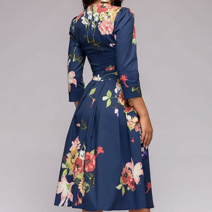 Elegant 3/4 sleeve A-line midi dress for women. Retro style, perfect for parties, events, or stylish casual wear.