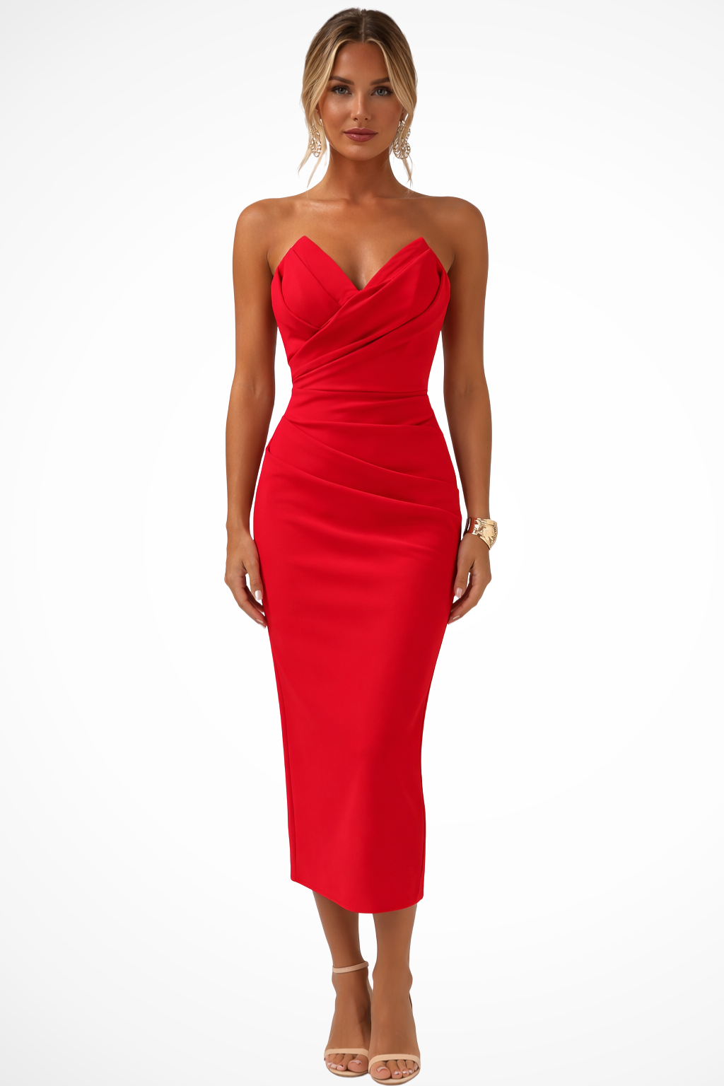 Sweetheart neckline ruched midi dress, an elegant fitted women's style for formal & special events.