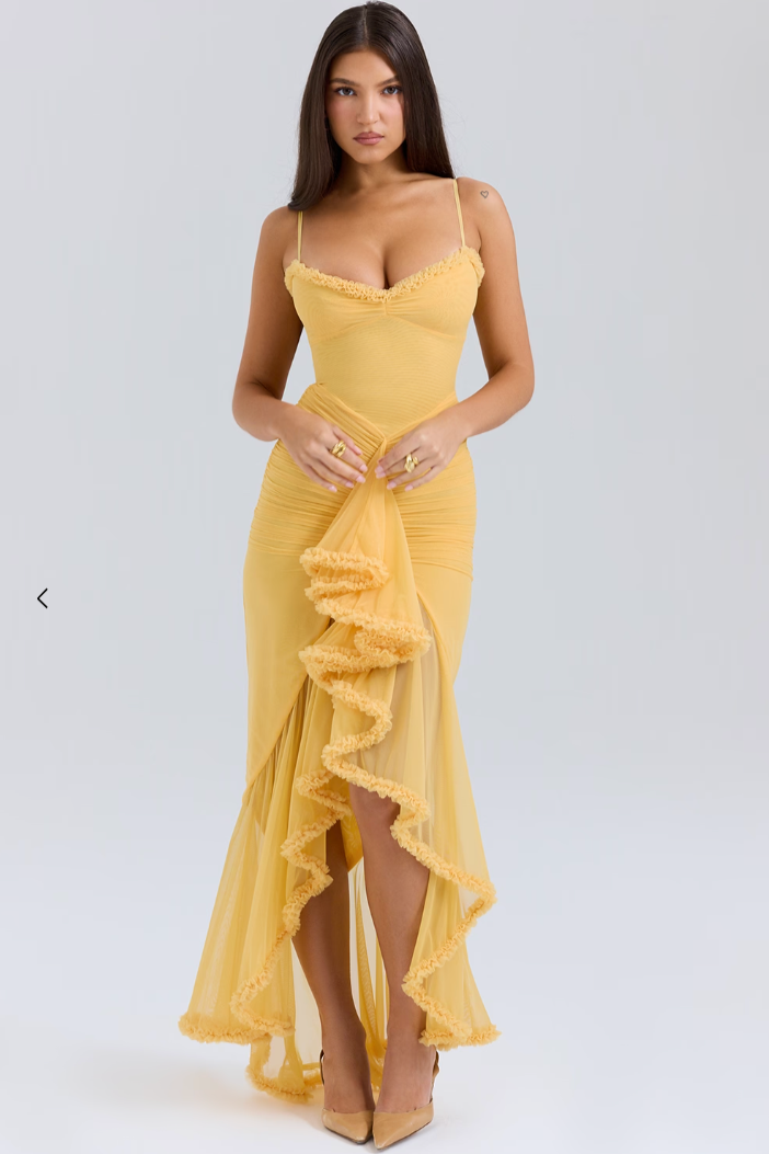 Women's elegant ruffle maxi wedding guest dress with a sweetheart neckline. Perfect for formal events.