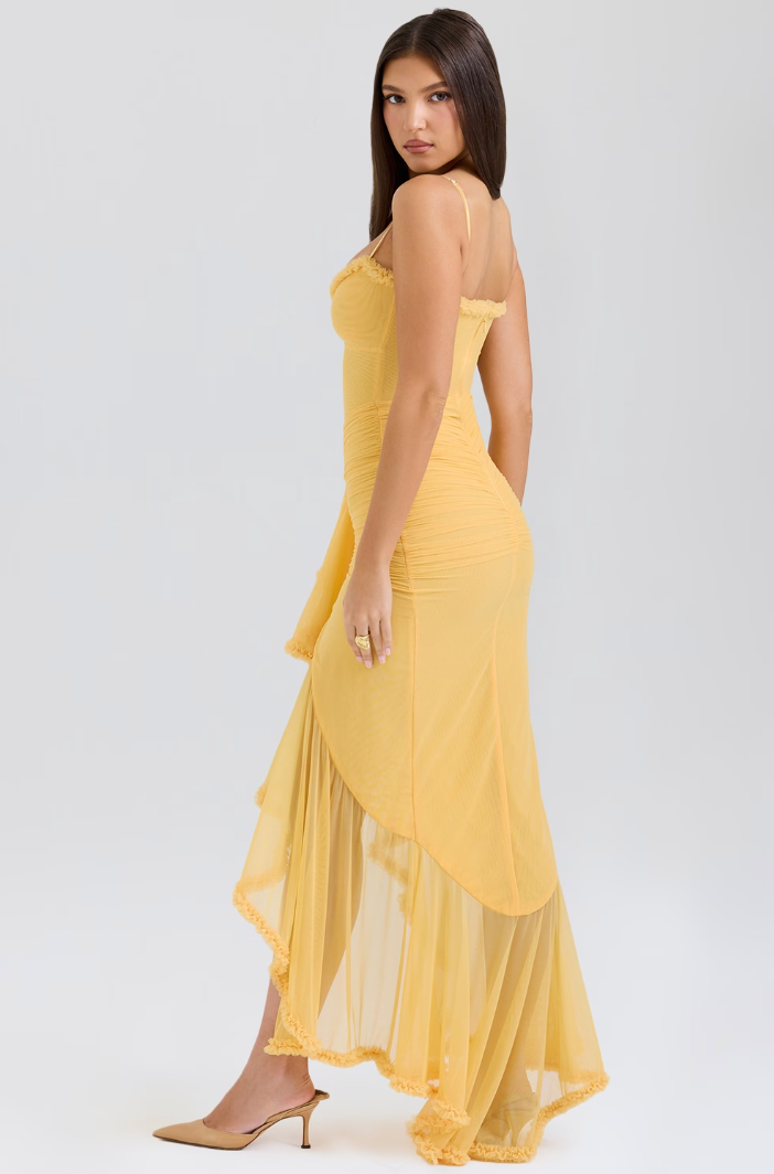 Sophisticated sleeveless ruffle maxi dress. An elegant choice for wedding guests & formal events.