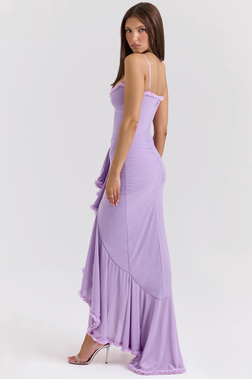 Women's formal wedding guest dress. Elegant ruffled maxi with a sweetheart neckline & fitted silhouette.