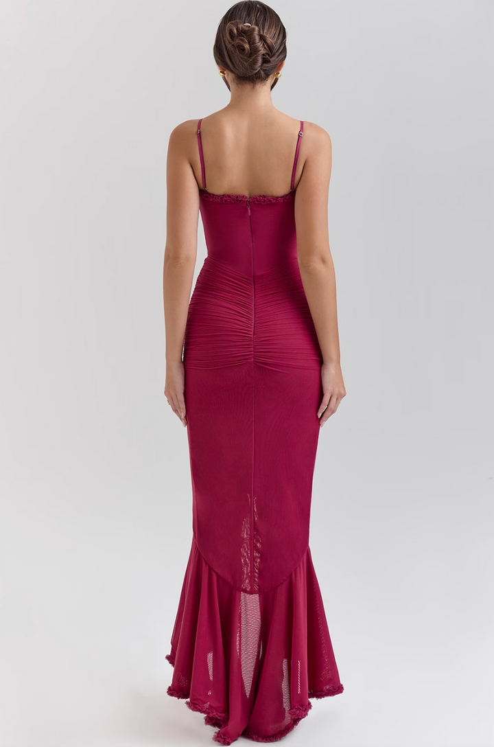 Elegant sweetheart neckline ruffle maxi dress. Formal, fitted, & flowy; ideal for wedding guests.