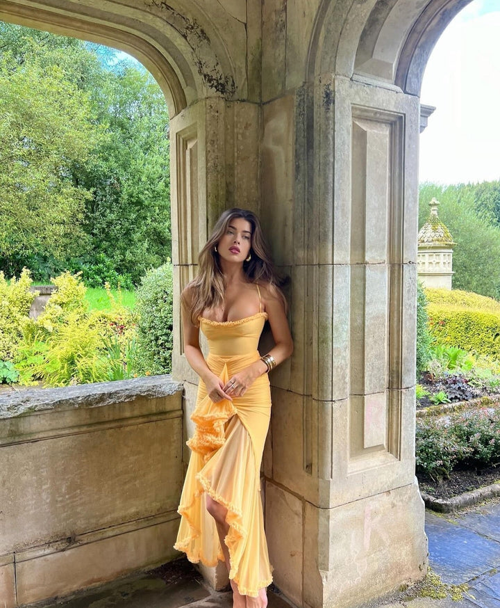Fitted bodice ruffle maxi dress. Formal & chic, ideal for wedding guests, evening, or special occasions.