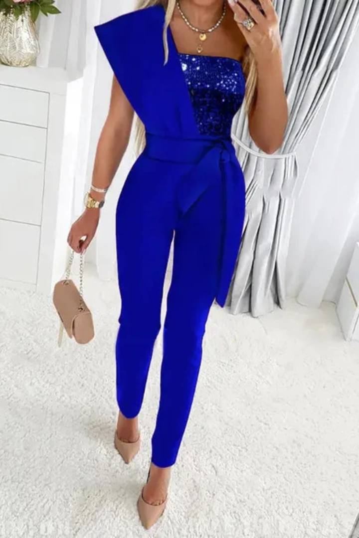 Sleek women's sequin jumpsuit, a glamorous and elegant formal outfit for special occasions.