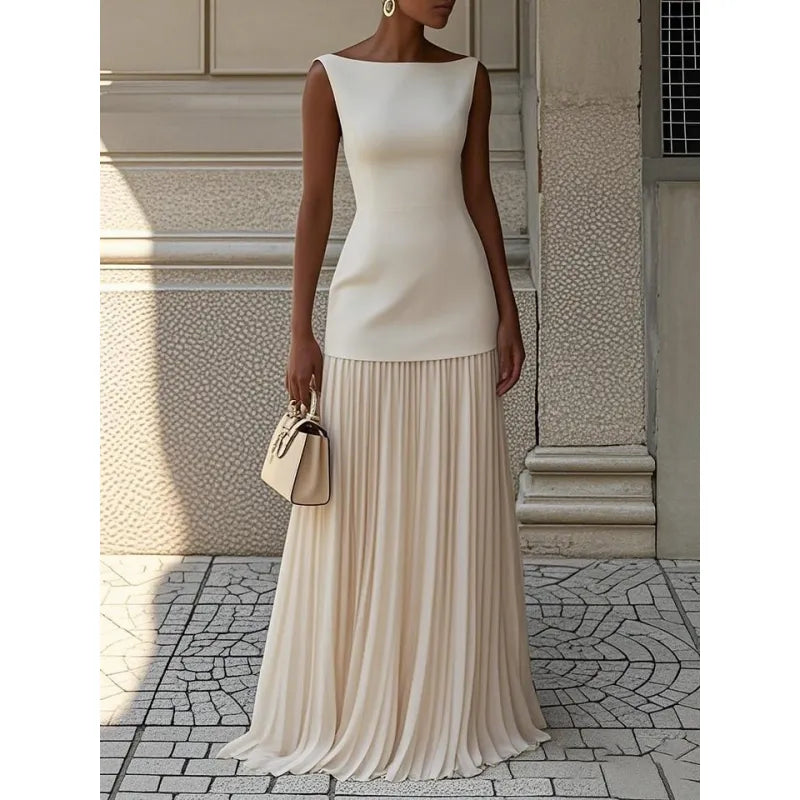 Women's elegant sleeveless boat neck pleated maxi dress, perfect for formal evening events.