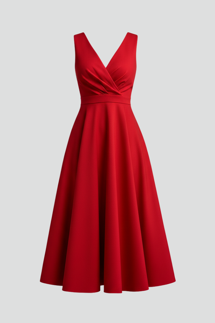 Women's elegant sleeveless V-neck A-line midi dress, perfect for summer, cocktail, or formal events.