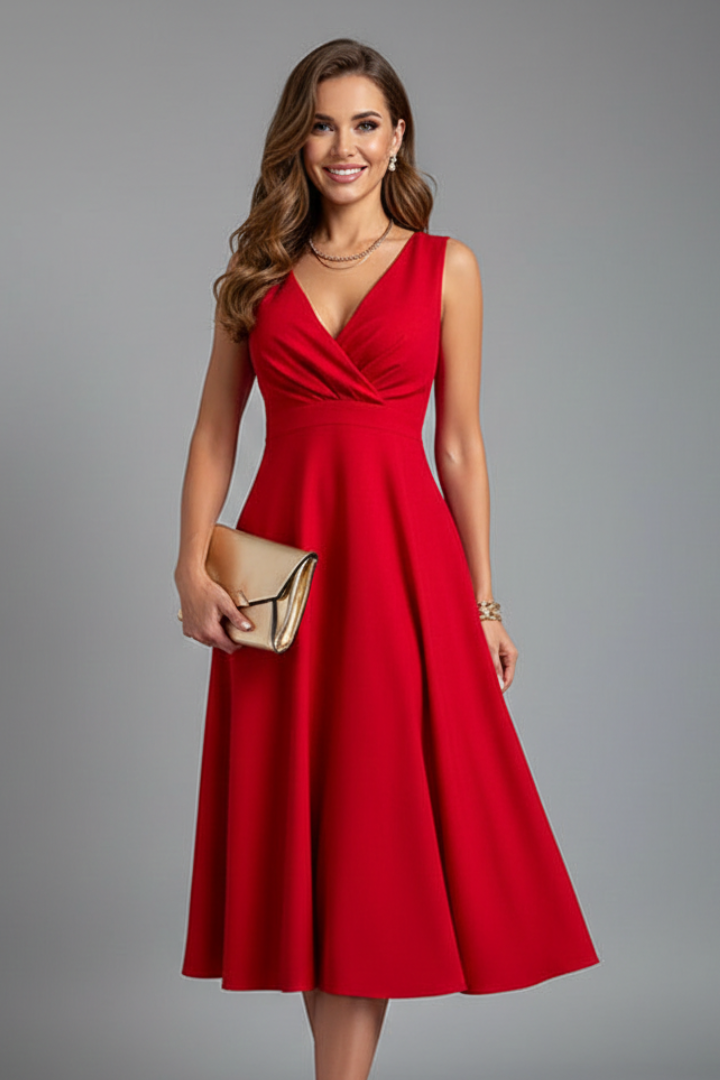 Chic women's sleeveless V-neck A-line midi dress with back zip. Versatile for casual or sophisticated wear.
