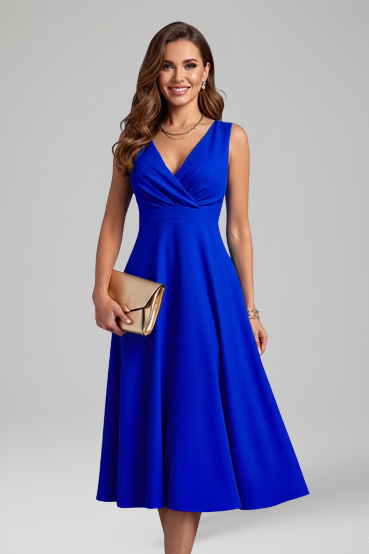 Elegant women's sleeveless V-neck A-line midi dress, a sophisticated choice for cocktail or formal wear.