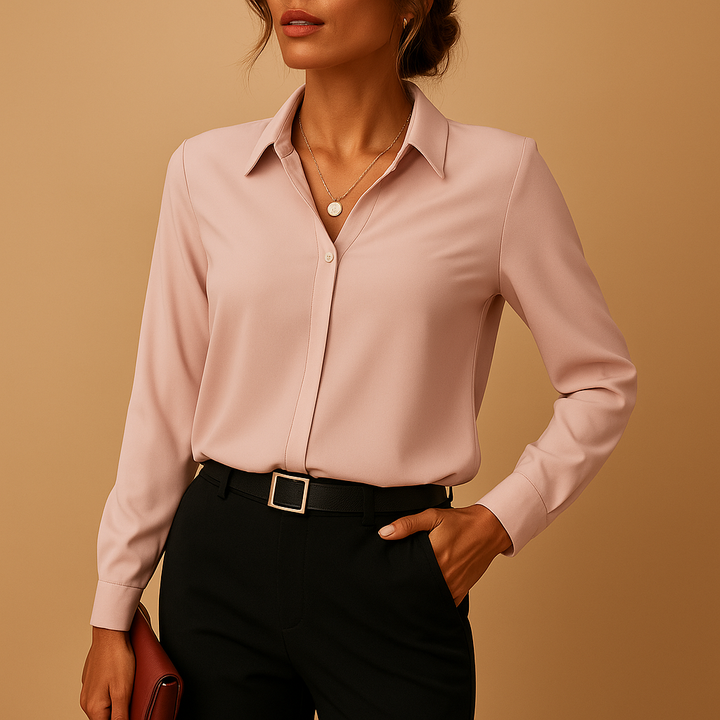 Feminine button-down blouse in a solid color, ideal for workwear, office attire, and elegant everyday style.