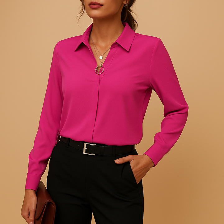 Chic solid color women's top, offering timeless style and versatility for both professional and casual outfits.