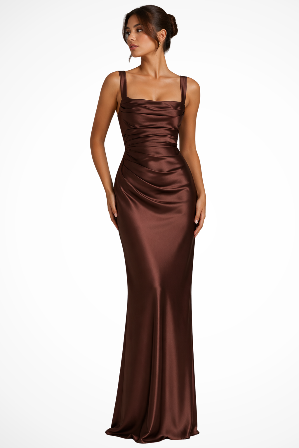 Elegant square neck maxi dress for women, featuring flattering ruched detailing for formal and evening wear.