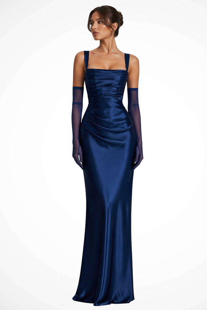 Chic women's square neck ruched maxi dress, a long elegant party dress for any special occasion.