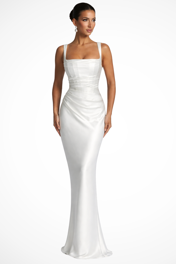 Sophisticated women's square neck ruched maxi dress, an elegant long dress for formal or evening parties.