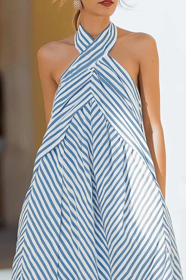 Flowy striped halter neck maxi dress for women, ideal for elegant summer style, vacation wear & comfortable resort fashion.