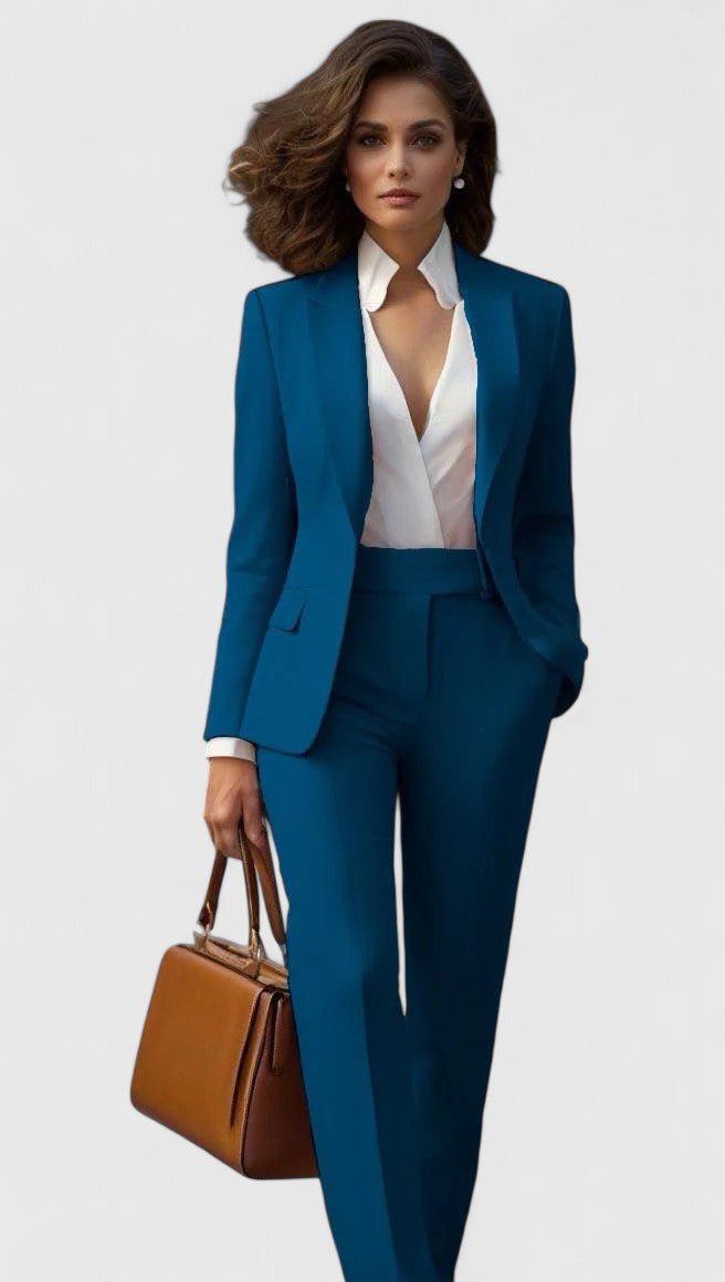 Stylish women's tailored suit ensemble with a lapel blazer & straight leg pants. Ideal for business and formal events.