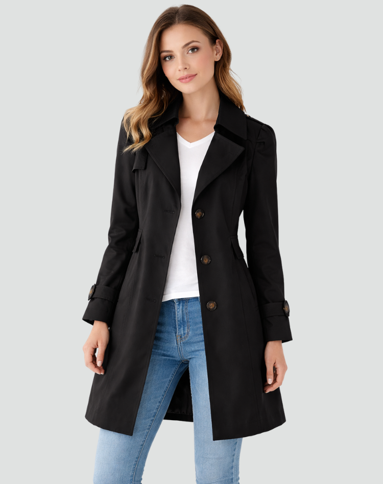 Women's elegant tailored trench coat in classic style, perfect for sophisticated layering & office attire.