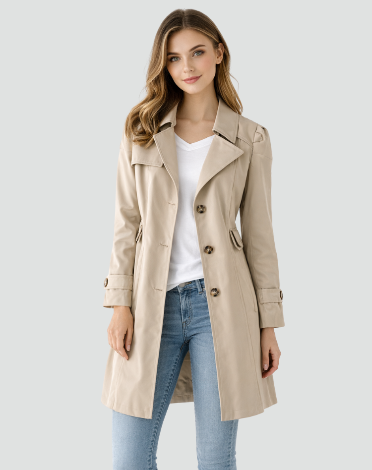 Versatile women's trench coat, classic button front design. Ideal for spring, fall, and stylish layering.