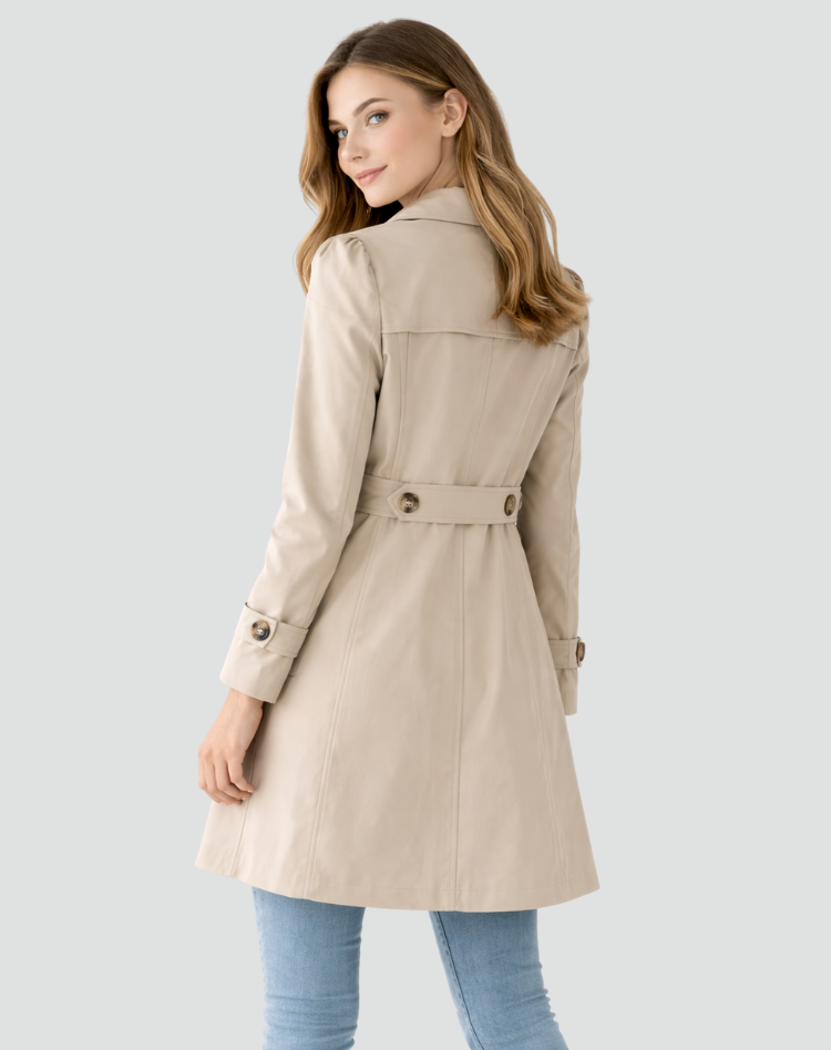 Sophisticated women's tailored trench coat. Elegant outerwear for a classic look, great for office & fall.