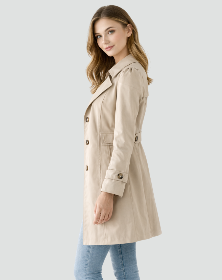 Classic women's trench coat with button front. Tailored for elegant fashion and timeless sophisticated style.