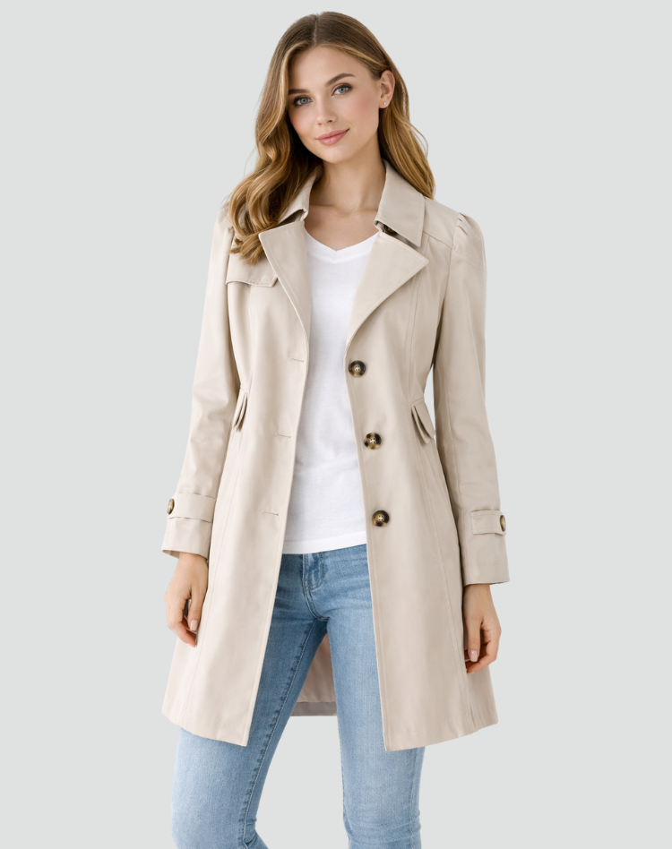 Stylish women's tailored trench coat, ideal for elegant layering. Perfect fall jacket & professional office attire.