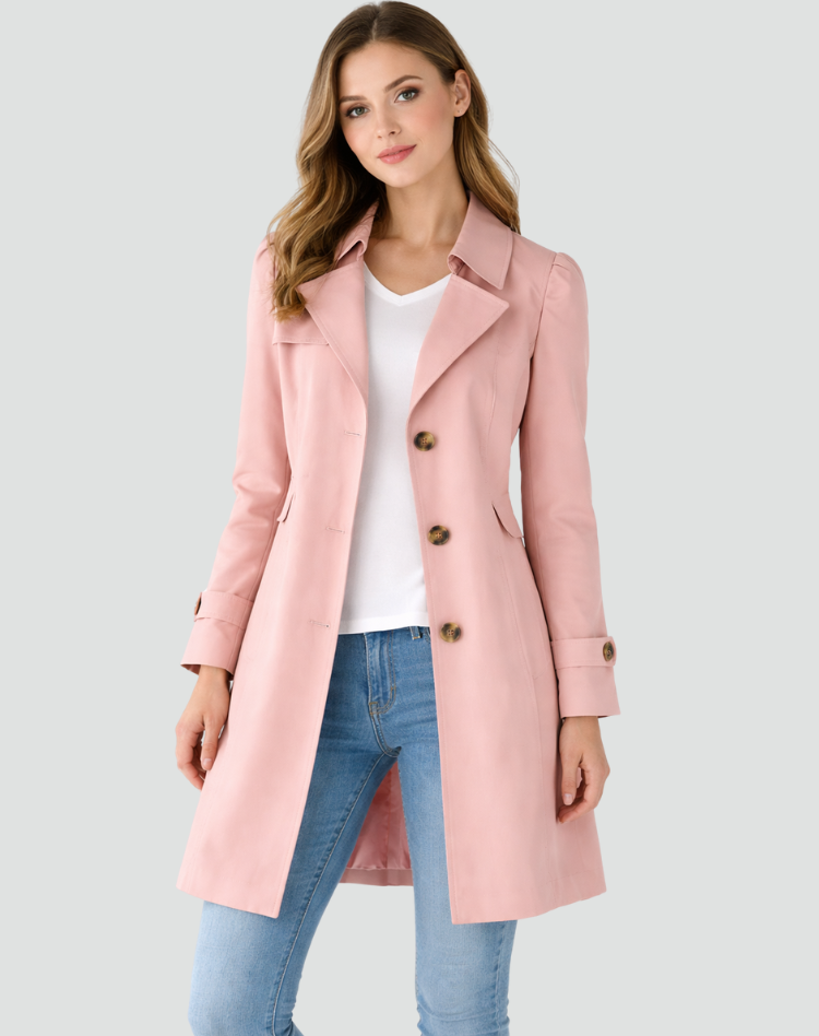 Elegant women's tailored trench coat, a classic button-front outerwear piece for versatile fall and spring styling.