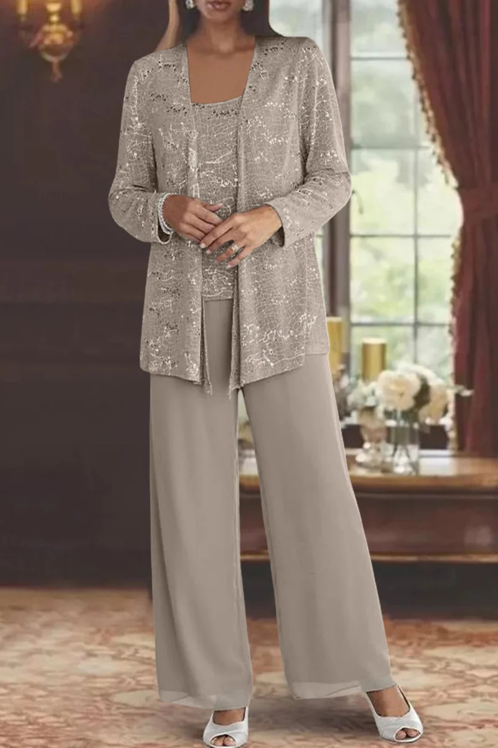Model posing in the flowy women's three-piece formal set, perfect for any special occasion.