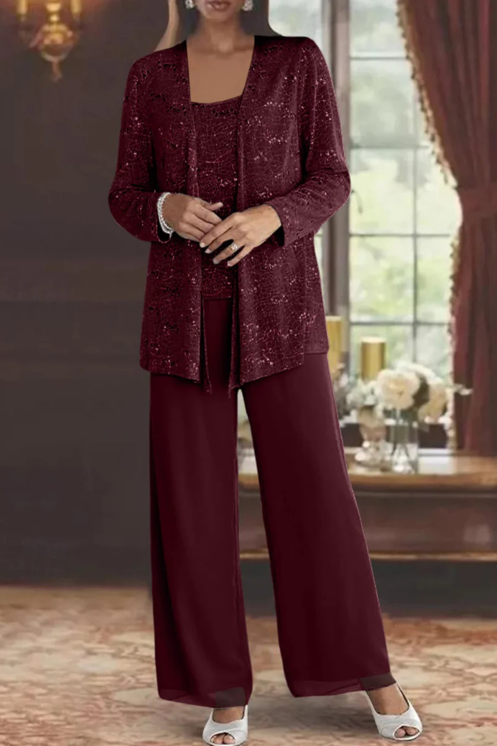 Designer women's three-piece formal evening set. High-fashion gala and special event attire.