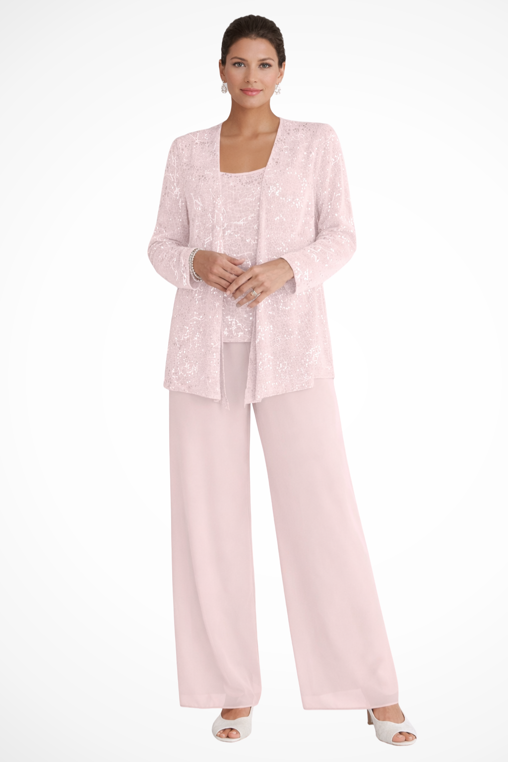 Elegant women's formal evening set showing the sophisticated jacket, top, and bottom design.