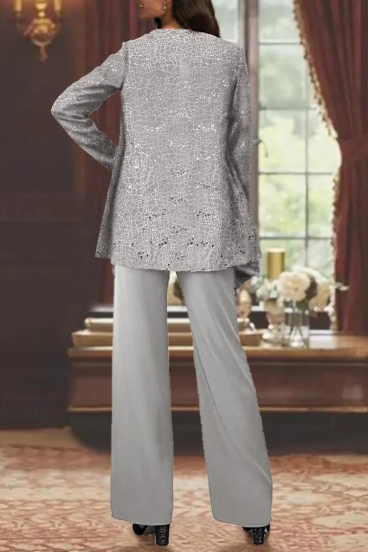 Close-up of the flowy jacket & top from the women's formal three-piece evening set.