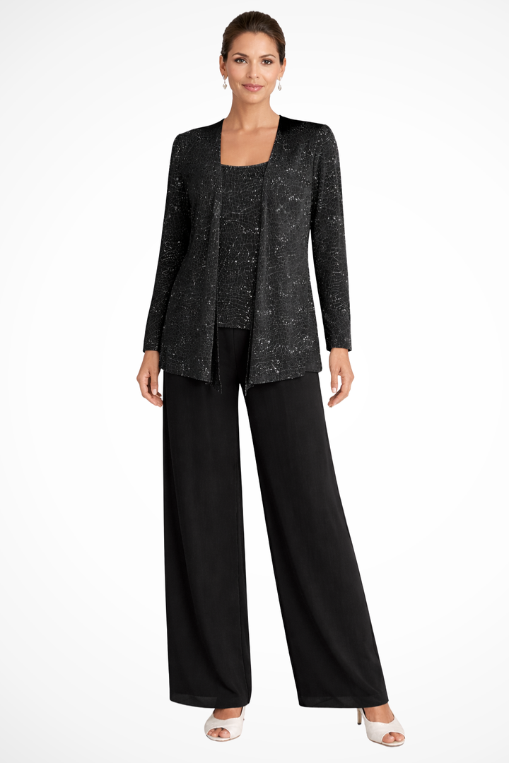 Full view of a woman wearing the chic 3-piece formal evening set with elegant style.