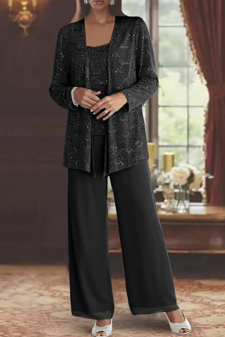 Stylish women's evening set featuring a jacket, top, and matching bottom for formal events.