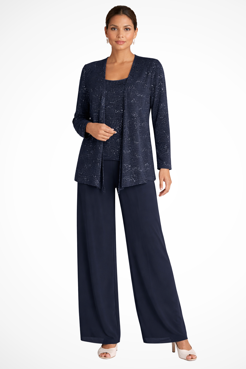 Luxurious women's three-piece formal evening outfit, ideal gala attire & special occasion wear.