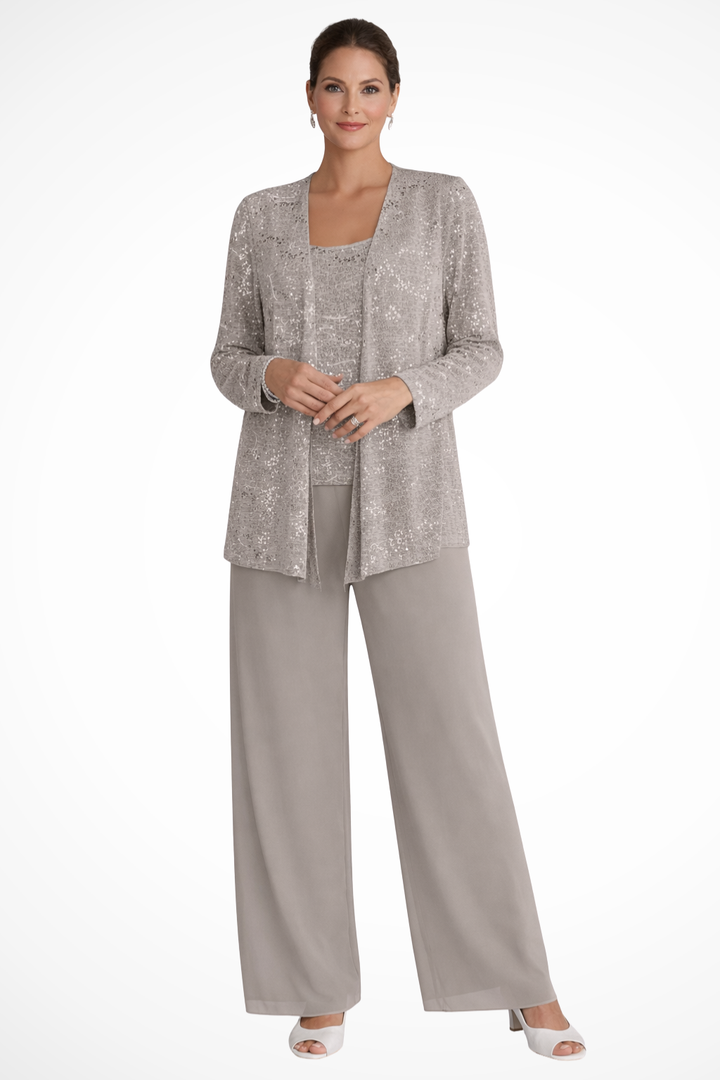 Women's formal three-piece evening set, an elegant and coordinated outfit for evening wear.