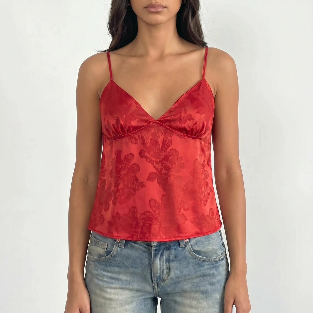 Elegant women's V-neck cami top with chic floral jacquard, a perfect stylish spaghetti strap shirt for summer.