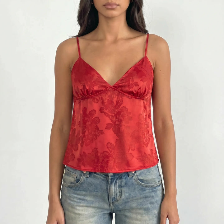 Elegant women's V-neck cami top with chic floral jacquard, a perfect stylish spaghetti strap shirt for summer.