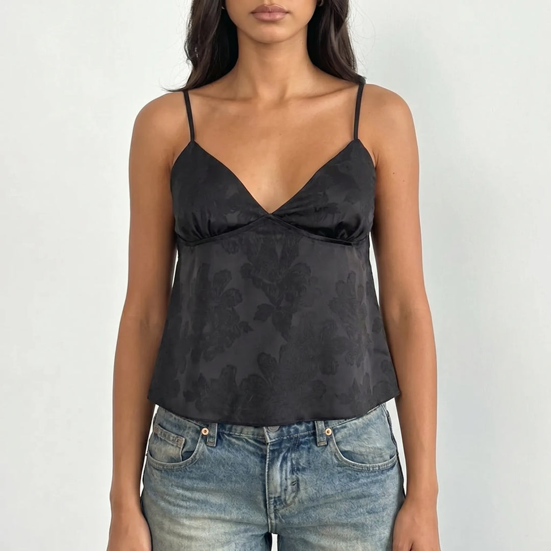 Women's elegant V-neck cami. Floral jacquard, spaghetti strap summer top. Comfortable & stylish for day/evening.