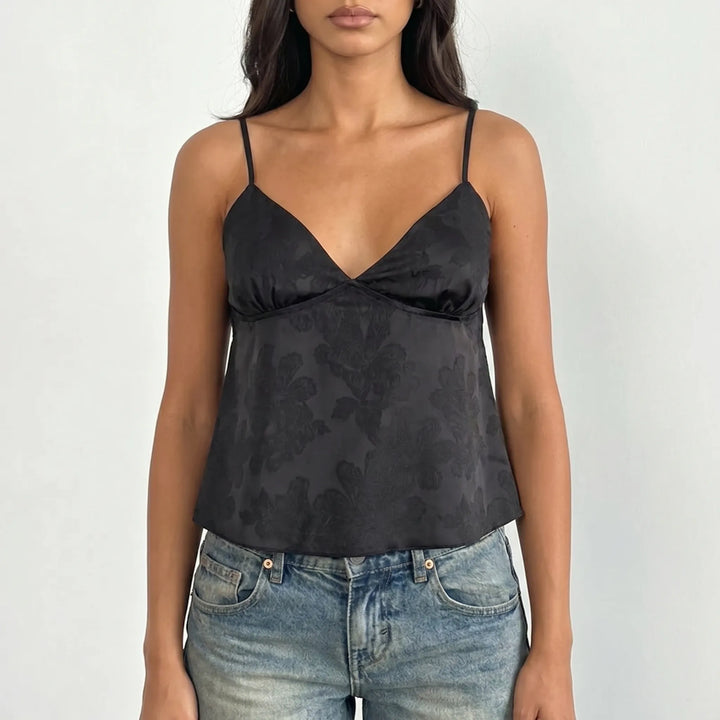Women's elegant V-neck cami. Floral jacquard, spaghetti strap summer top. Comfortable & stylish for day/evening.