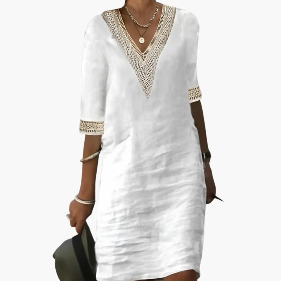 Women's elegant V-neck casual shift midi dress for comfortable everyday wear. Perfect for spring & summer.