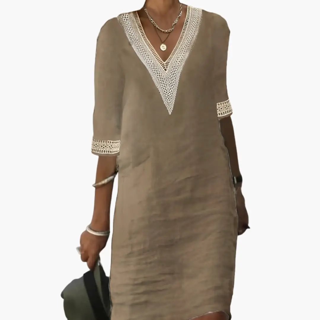 Comfortable women's casual V-neck shift midi dress, versatile for elegant everyday wear or vacation style.