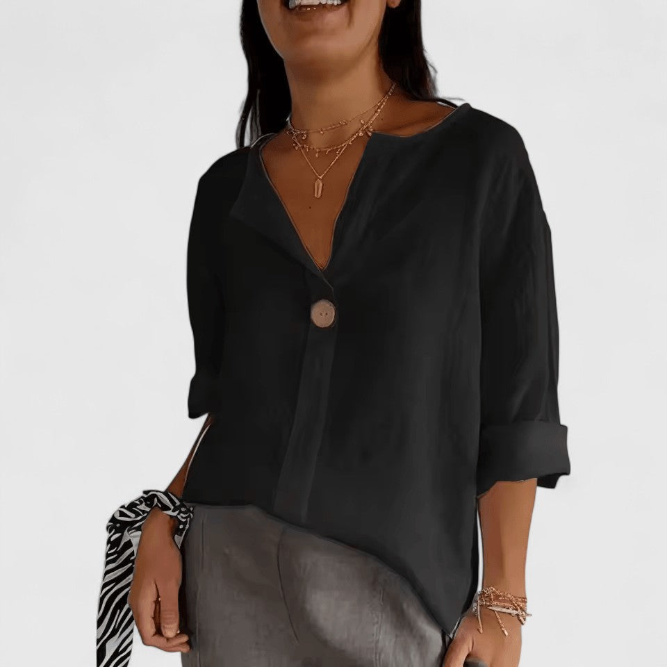 Women's elegant V-neck knot blouse in a loose fit, perfect for casual elegant summer fashion. Chic everyday wear.