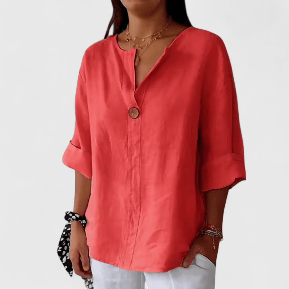 Chic women's V-neck blouse with a stylish front knot detail, offering a comfortable loose fit for summer apparel.