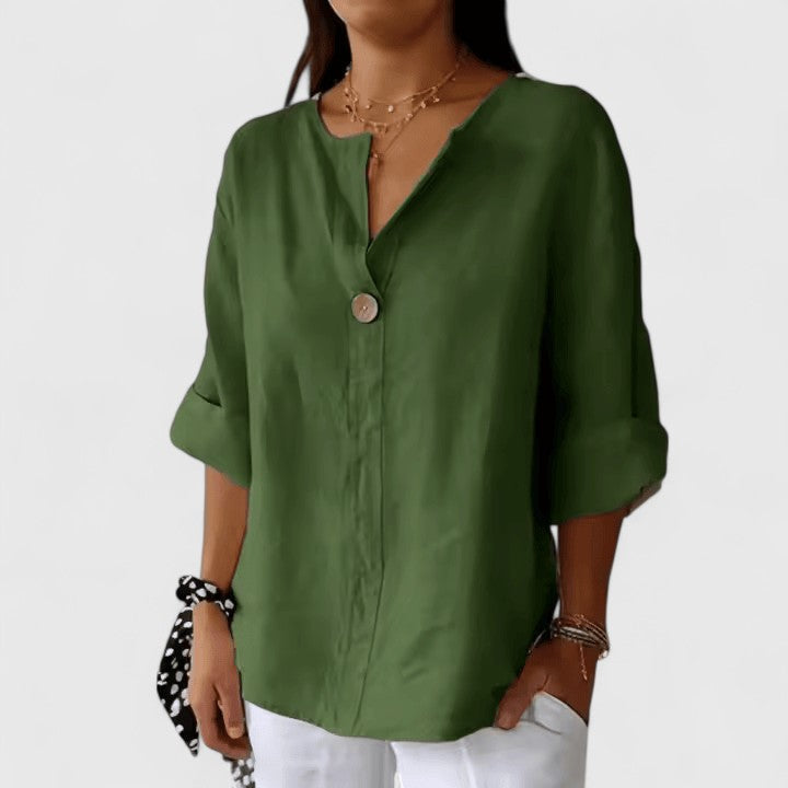 Elegant women's V-neck knot top, ideal for a refined casual look or chic everyday wear. Loose fit blouse.