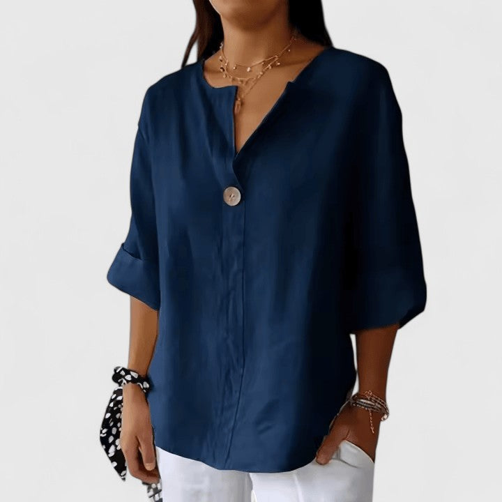Women's elegant V-neck knot shirt, a chic and comfortable loose fit blouse for everyday casual and summer fashion.