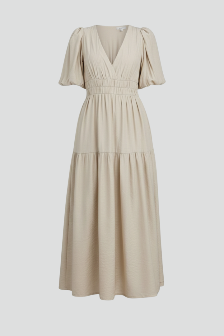 Women's elegant V-neck midi dress with a stylish layered hem. Perfect for summer and versatile wear.