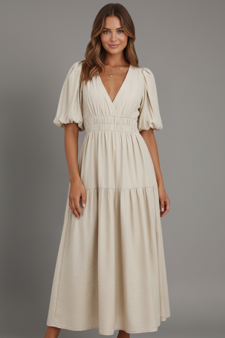 Flowy V-neck midi dress for women, featuring a tiered layered hem. Ideal for casual, party, or elegant summer events.