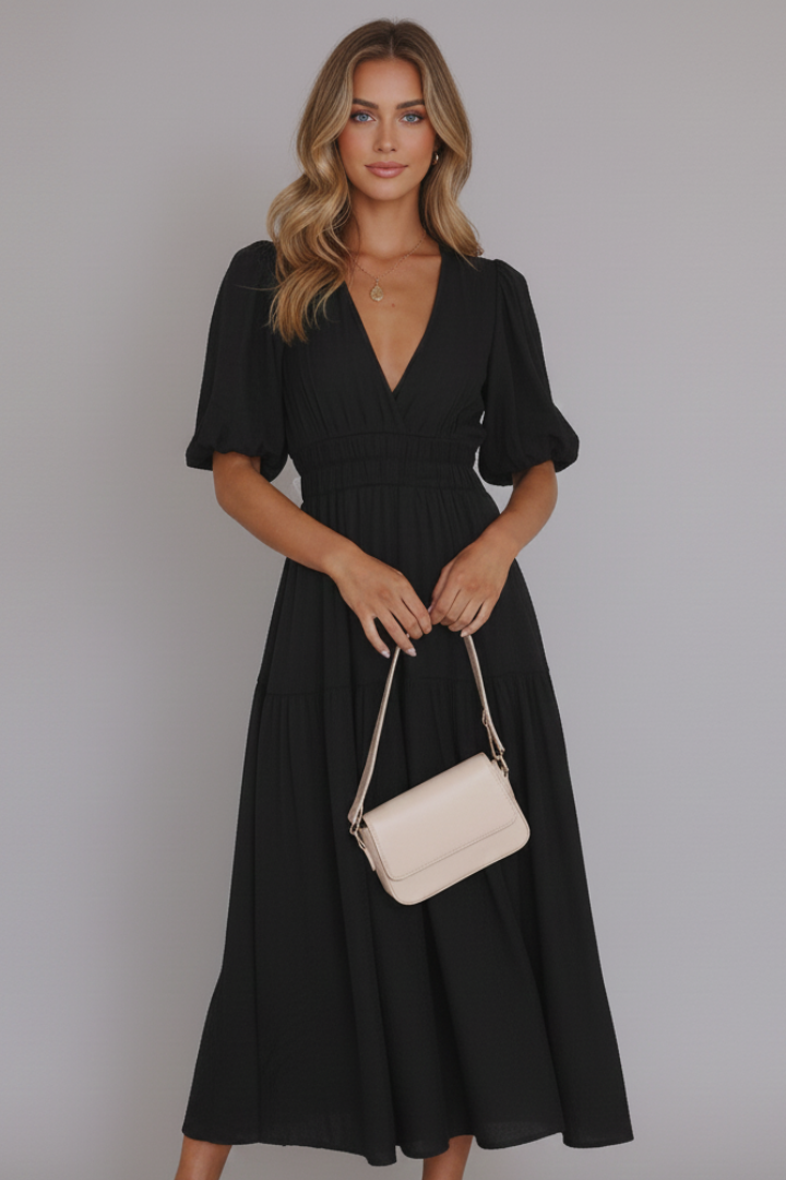 Versatile women's V-neck midi dress with a flowy tiered hem. Suitable for elegant casual or party summer outfits.
