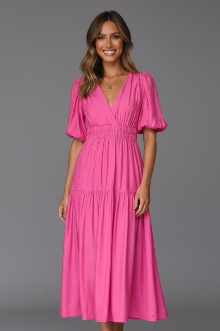 Elegant women's V-neck midi dress, featuring a flattering flowy silhouette and chic layered hem detail.