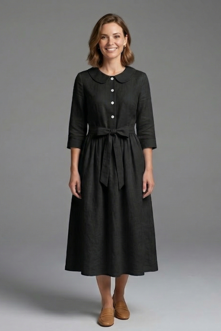 Casual women's midi dress with V-neck and waist tie. Comfortable summer clothing for daily wear.