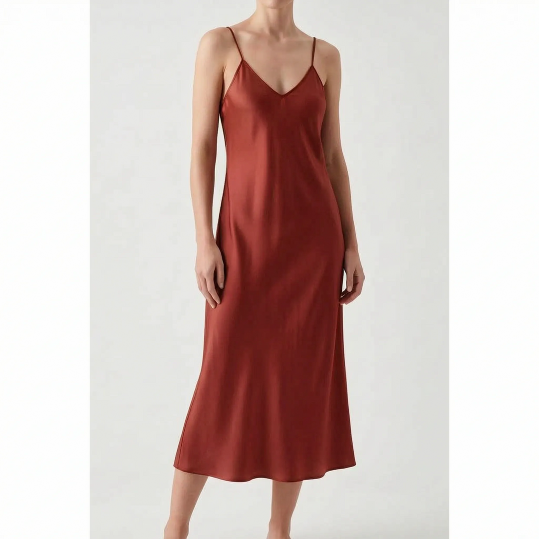 Versatile women's V-neck slip midi dress. An elegant A-line summer dress, ideal for parties.