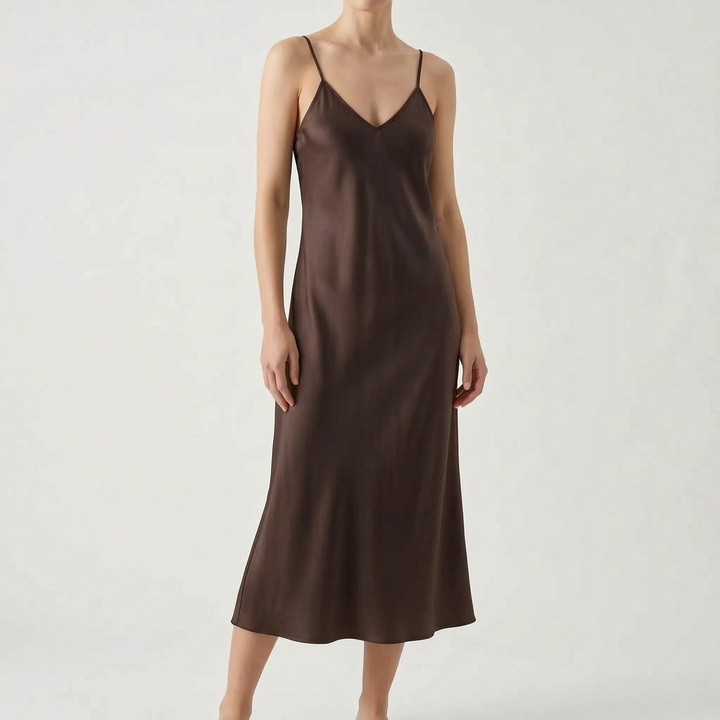 Classy women's V-neck slip midi dress. Elegant spaghetti strap design, perfect as a party or summer dress.